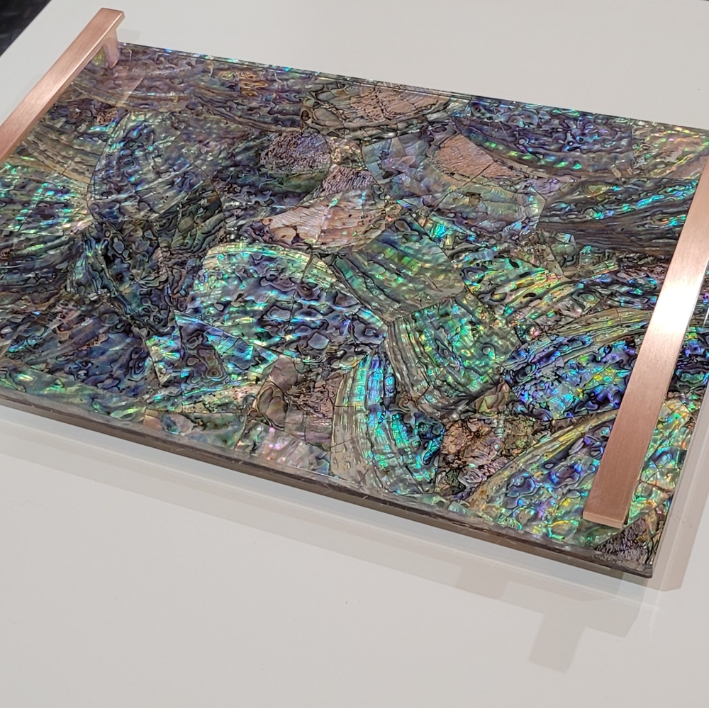 Kendra Scott Crackle Abalone Shell Tray Rose Gold Stone Slab Tray 16" x 10"